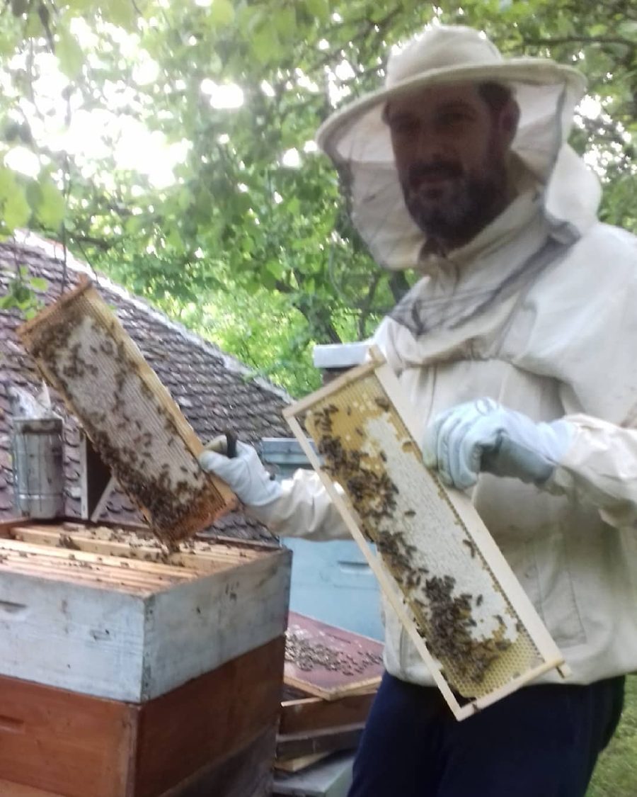 Pčelar u zaštitnoj opremi drži ramove sa saćem